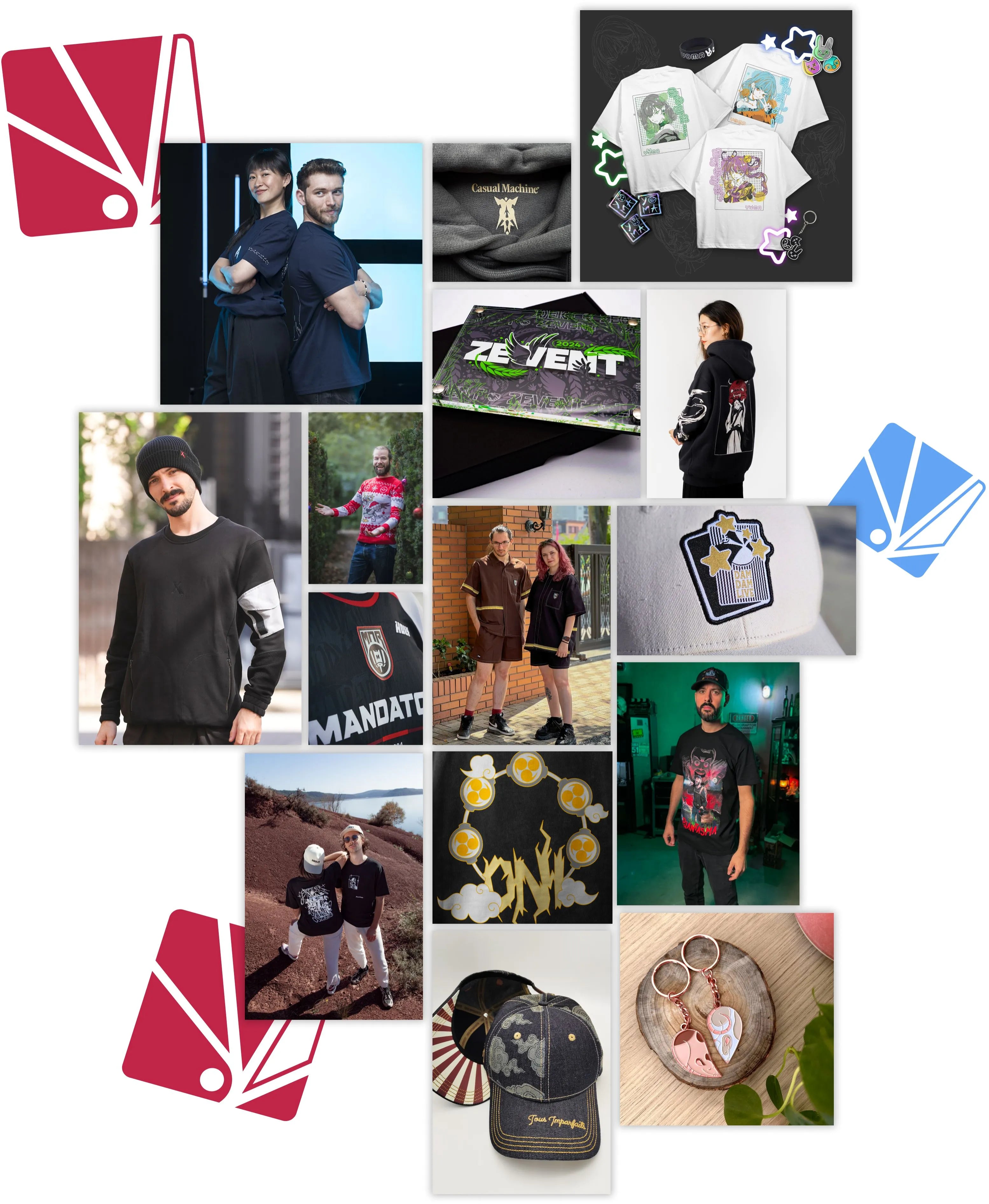 Portfolio des réalisations d’Indieviduals, incluant des créations textiles et accessoires pour des créateurs de contenus comme Fildrong, Le Grand JD, Tev Ici Japon, Louis-San, Jeel, ZeratoR et Ponce